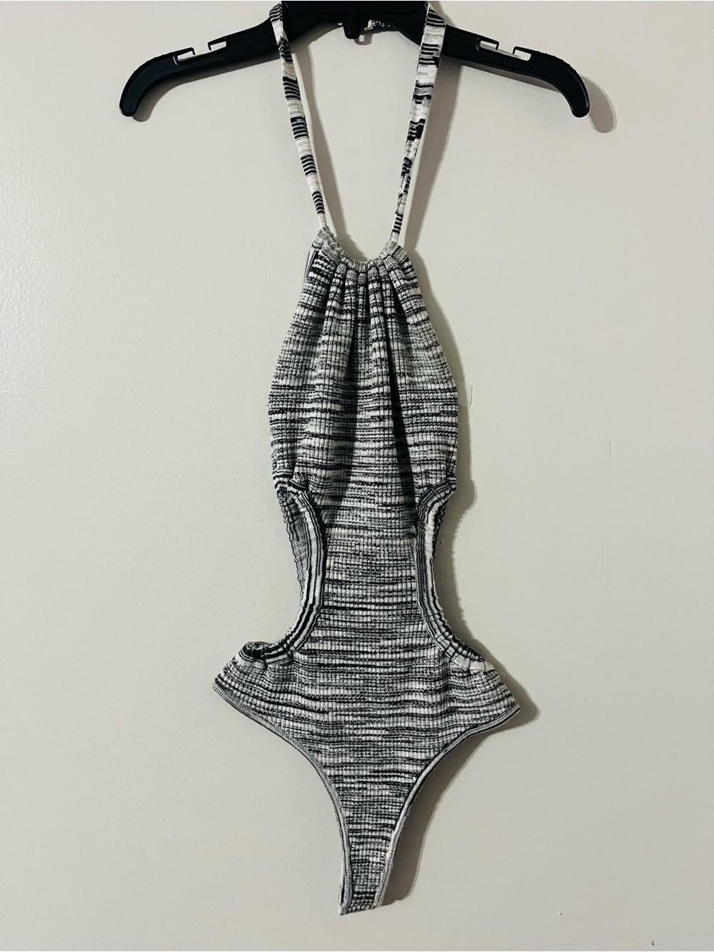 NBD Revolve bodysuit Black & White One Piece Halter & Bold Side Cutouts Sz S